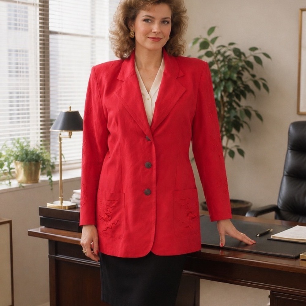 VTG 80's Jennifer Eden Red Embroidered Blazer Jacket with Padded ShouldersXl